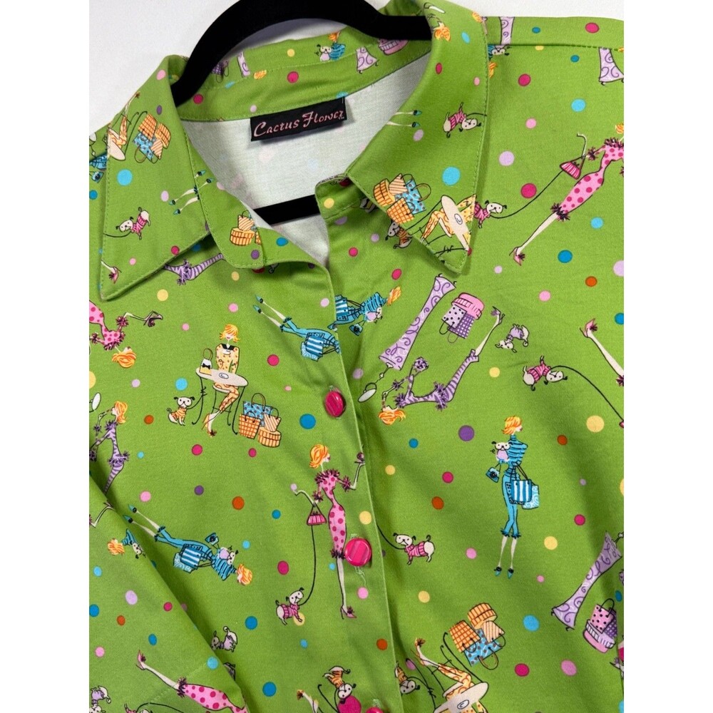 Vintage Cactus Flower Women’s Green Ladies Dogs Novelty Print Blouse 3/4 Sleeve